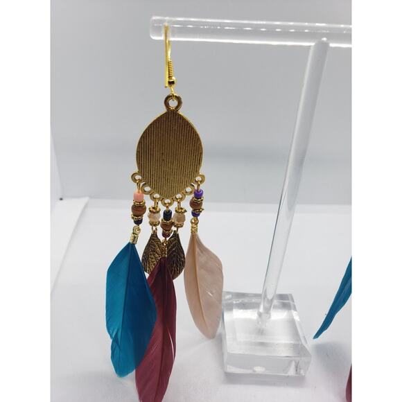 Blue Boho Rice Bead Water Drop Tassel Leaf Aztec Ethnic‎ Earrings White Gold - Picture 4 of 8